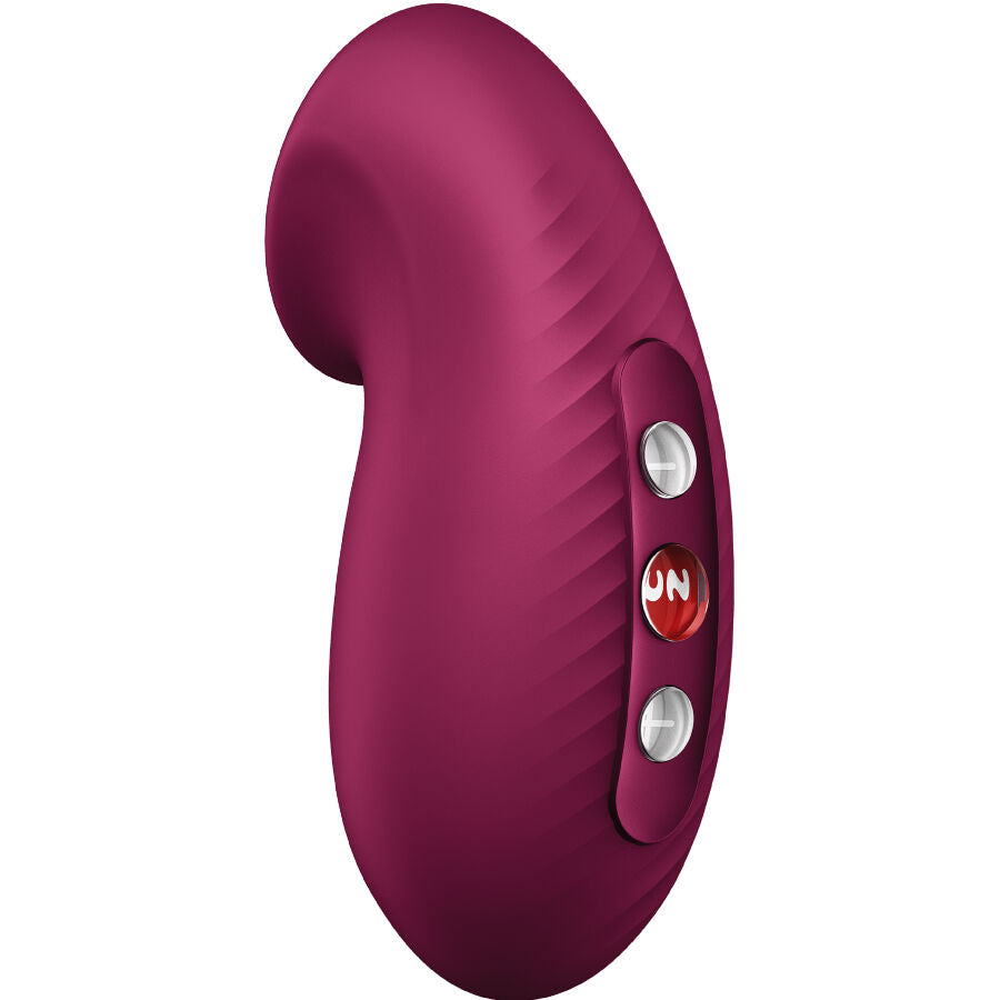 Stimulateur clitoridien par aspiration Fun Factory framboise, profil avec ouverture en silicone et trois boutons lateraux dont le bouton FUN, technologie air pulse sans contact.