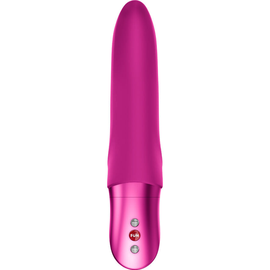 Vibromasseur point G fuchsia vu droit, tige effilée en silicone et manche chromé rose à touche FUN, format élégant pour une stimulation interne ciblée.