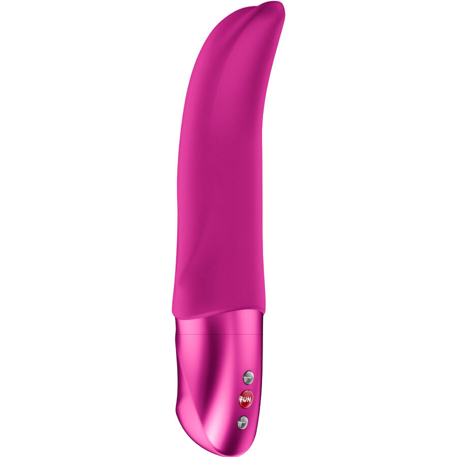 Vibromasseur point G fuchsia à tige incurvée en silicone et manche chromé rose, embout galbé non réaliste conçu pour cibler le point G en vibration.