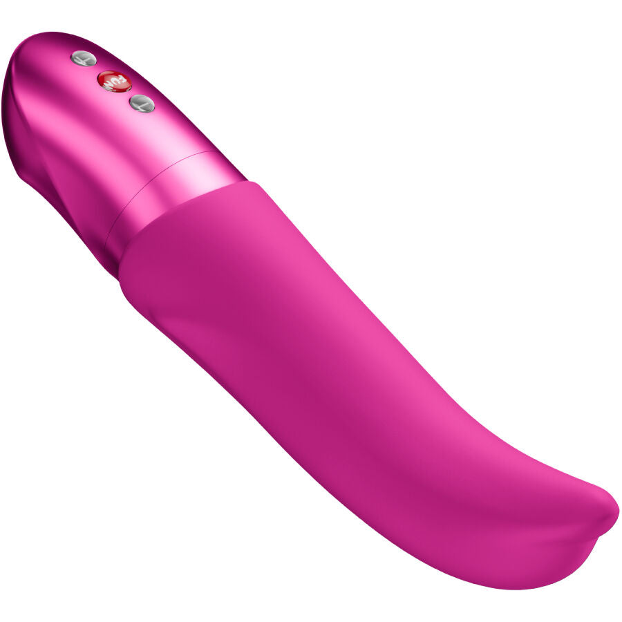 Vibromasseur point G fuchsia présenté en biais, courbe lisse en silicone et base métallisée à boutons FUN, stimulateur interne étanche et coloré.