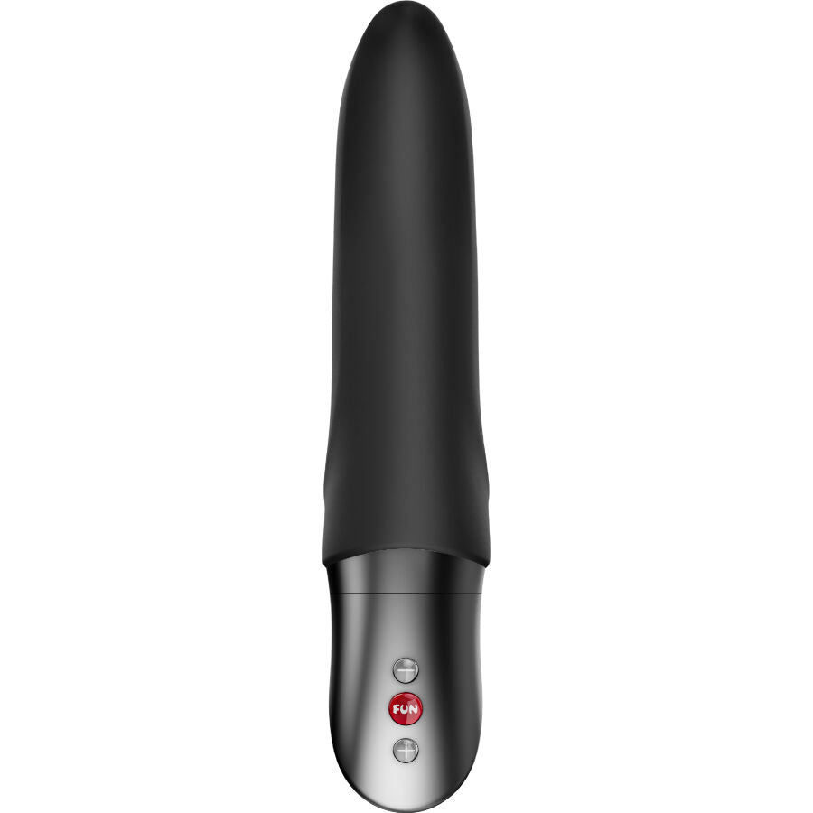 Vibromasseur point G noir vu de face, tige lisse en silicone et manche chromé à touche FUN, format effilé pour atteindre le point G en douceur.