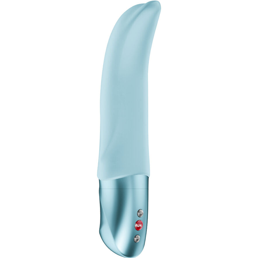Vibromasseur point G Diva Dolphin bleu ciel, tige incurvée en silicone et base argentée, variante pastel d'un stimulateur interne étanche sur piles.