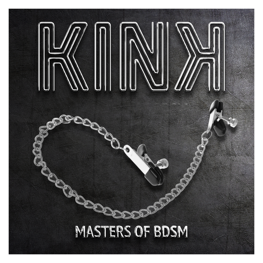 Visuel packshot KINK Masters of BDSM des pinces a tetons a vis et chaine argentee sur fond ardoise, presentation produit de la gamme bondage