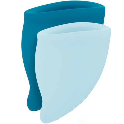 Kit de deux coupes menstruelles Fun Factory en silicone souple, modeles bleu canard et bleu clair emboites, tailles A et B reutilisables pour une protection hygienique durable