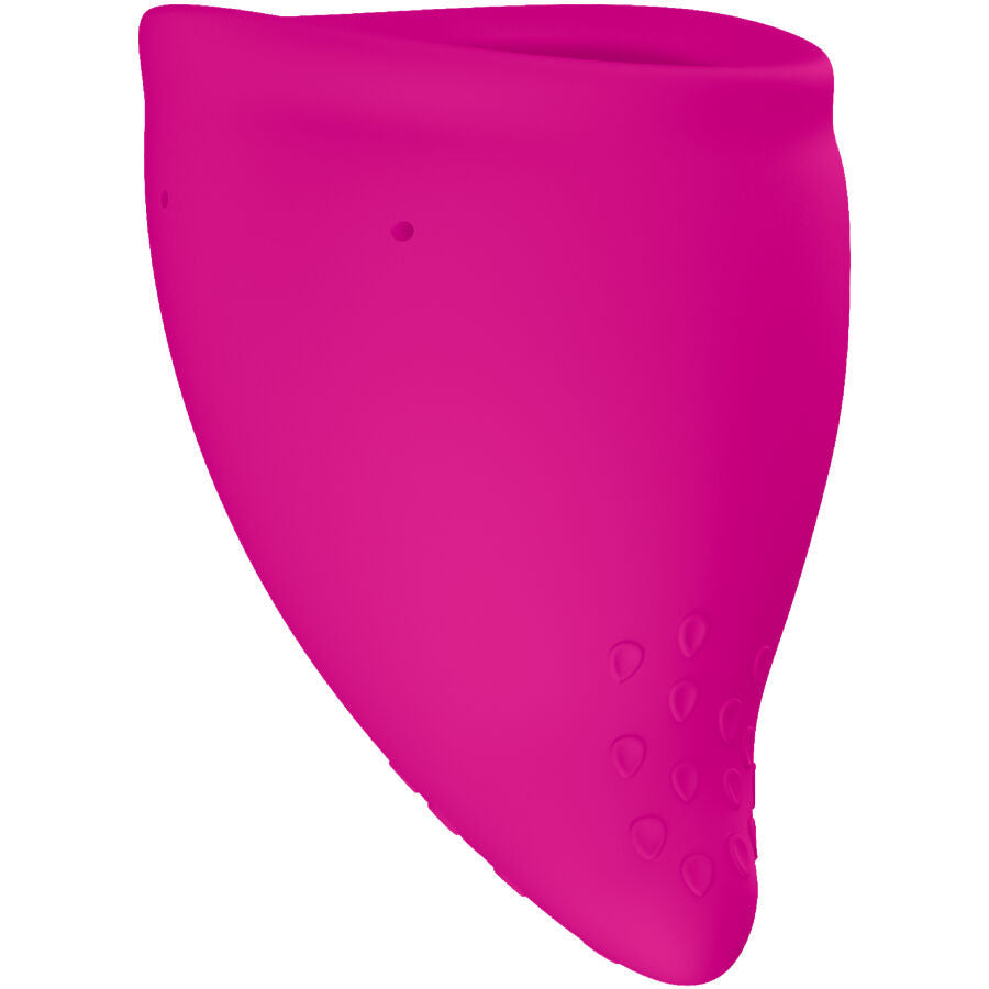 Coupe menstruelle Fun Factory rose fuchsia en silicone, vue de profil montrant le corps conique souple et les picots de base, protection menstruelle reutilisable en tailles A et B