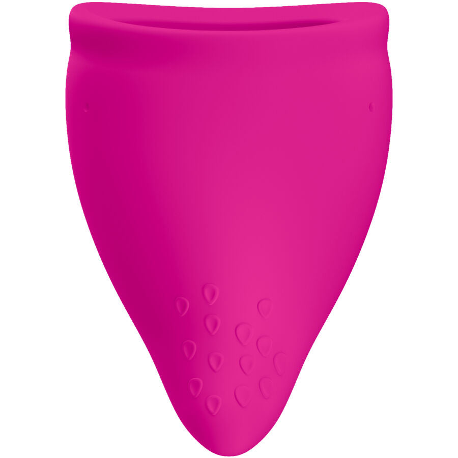 Coupe menstruelle Fun Factory fuchsia en silicone souple, vue de face du corps triangulaire allonge et de la base nervuree antiderapante, reutilisable et facile a entretenir