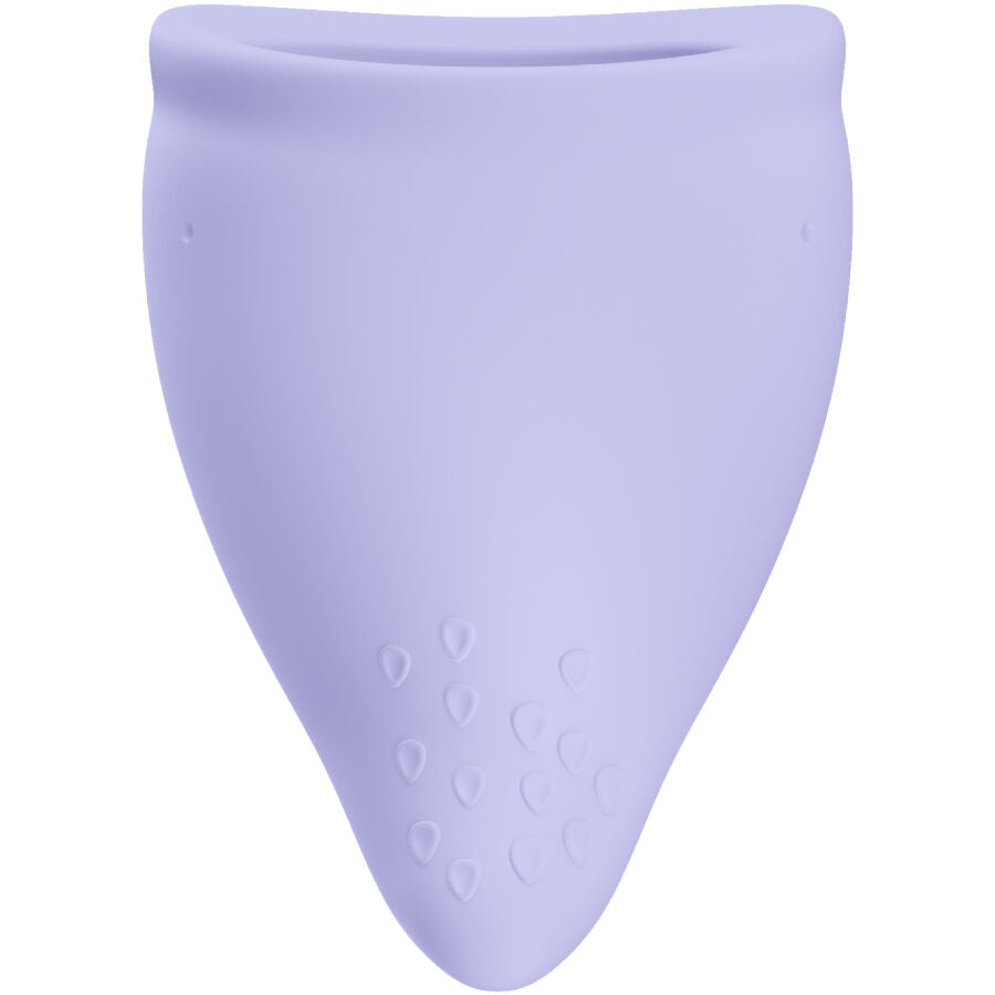 Coupe menstruelle Fun Factory en silicone parme, vue frontale du corps conique lisse et des picots de base, protection menstruelle reutilisable disponible en tailles A et B