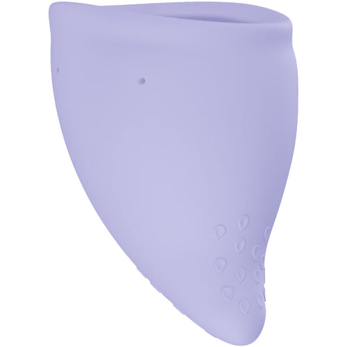 Coupe menstruelle Fun Factory parme en silicone souple, vue de face, forme triangulaire arrondie et base nervuree antiderapante, reutilisable et lavable pour les regles