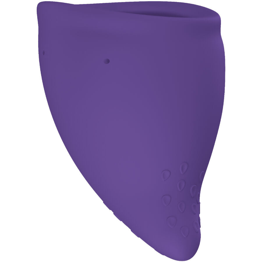 Coupe menstruelle Fun Factory violet en silicone souple, vue de face montrant la forme conique allongee et les picots de prehension, protection hygienique reutilisable et lavable