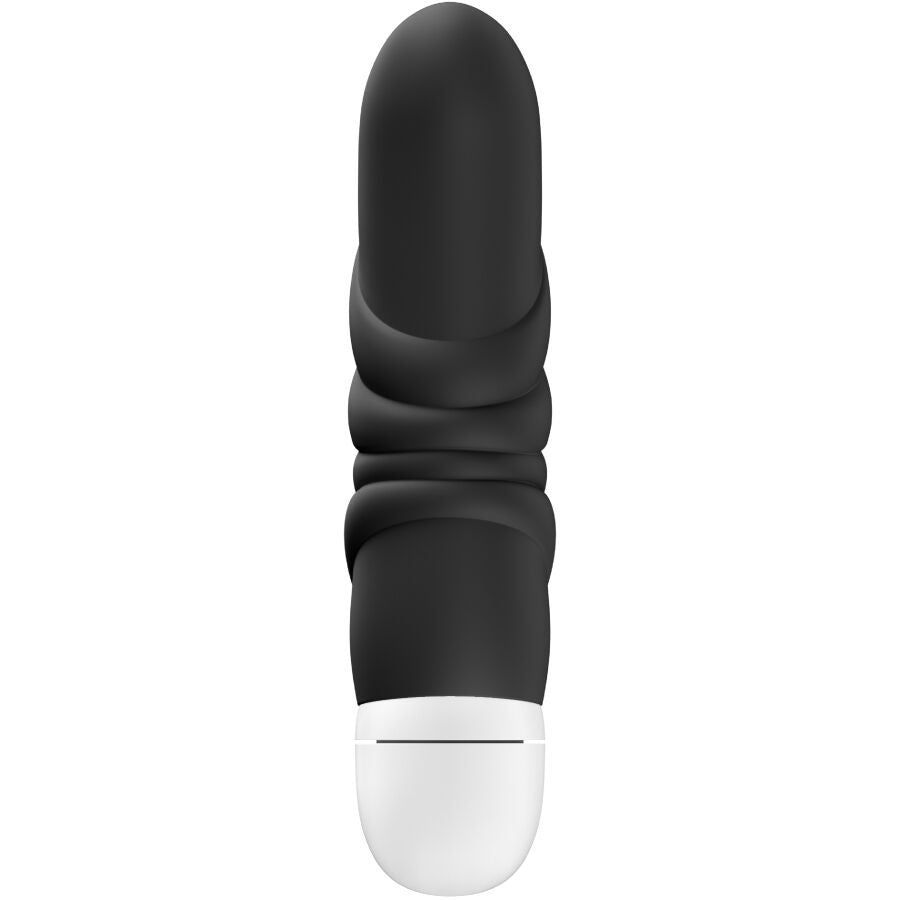 Mini vibromasseur Jam Fun Factory noir dresse, tige texturee a gland realiste et embout blanc, format nomade de 12 cm, vibrations profondes ciblant clitoris et point G