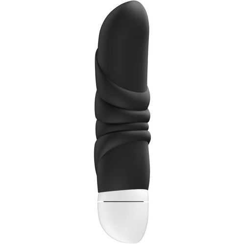 Mini vibromasseur Jam Fun Factory noir vu de profil, tige nervuree a gland realiste et base blanche, silicone compact de 12 cm, vibrations pour le clitoris et le point G
