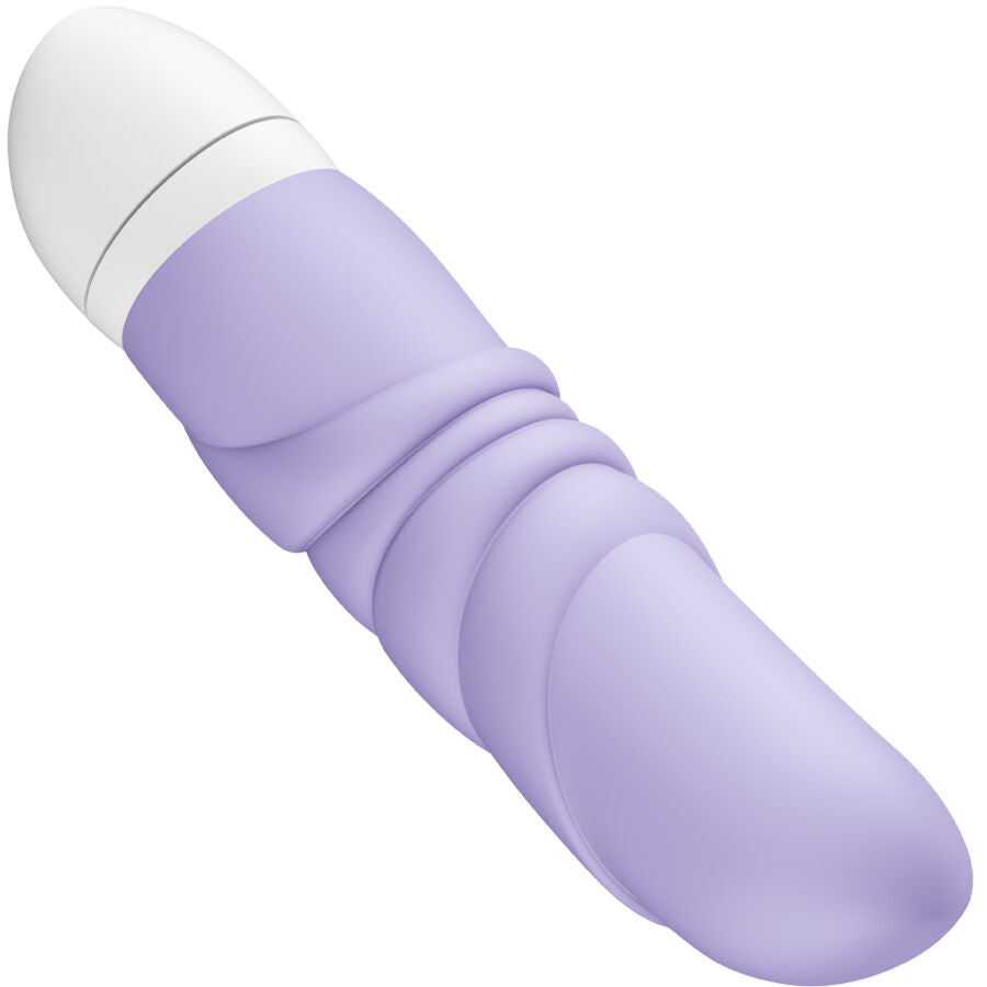 Mini vibromasseur Jam Fun Factory parme pose en biais, tige nervuree a gland realiste et capuchon blanc, silicone nomade de 12 cm, vibrations pour clitoris et point G