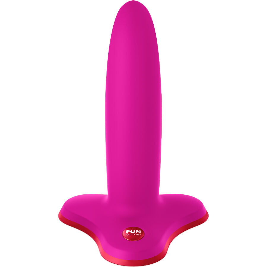 Gode Limba en silicone fuchsia vu de face, tige droite lisse a embout arrondi non realiste et large base evasee a ventouse marquee FUN, flexible pour viser le point G ou la prostate.