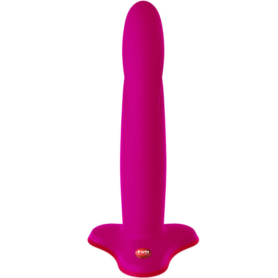 Gode flexible Limba en silicone fuchsia vu de face, tige fine et droite a embout lisse arrondi, base evasee a ventouse compatible harnais pour une stimulation point G ou prostate.