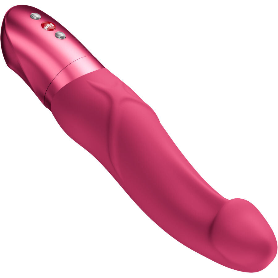 Vibromasseur point G Fun Factory rose framboise, tige incurvee a gland realiste posee en biais, base chromee a commandes, vibrations ciblees etanche pour stimuler le point G