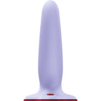 Gode vibrant Ryde en silicone lilas vu de profil, tige striee unique a embout arrondi non realiste et large ventouse ultra-fine, pour une penetration chevauchable mains libres.