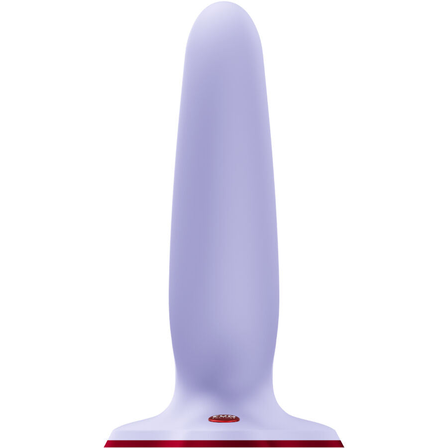 Gode vibrant Ryde en silicone lilas vu de profil, tige striee unique a embout arrondi non realiste et large ventouse ultra-fine, pour une penetration chevauchable mains libres.