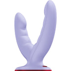 Double gode vibrant Ryde en silicone lilas vu de trois quarts, deux branches courbes a surface striee et base ventouse plate, combinant plaisir clitoridien, vaginal et anal.