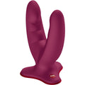 Gode vibrant Ryde a double stimulation en silicone prune vu de face, ses deux branches striees non realistes en V et sa base ventouse plate, pour le plaisir clitoridien et vaginal.