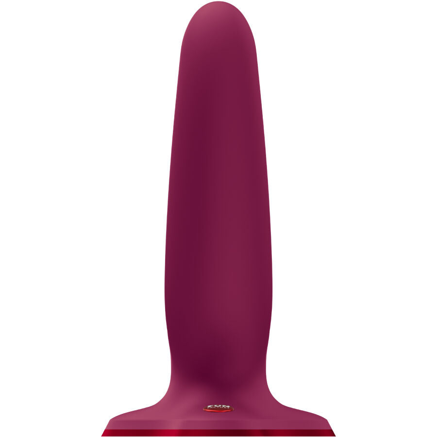 Gode vibrant Ryde en silicone prune vu de profil, tige striee unique a embout arrondi non realiste et large ventouse ultra-fine, pour une penetration chevauchable mains libres.