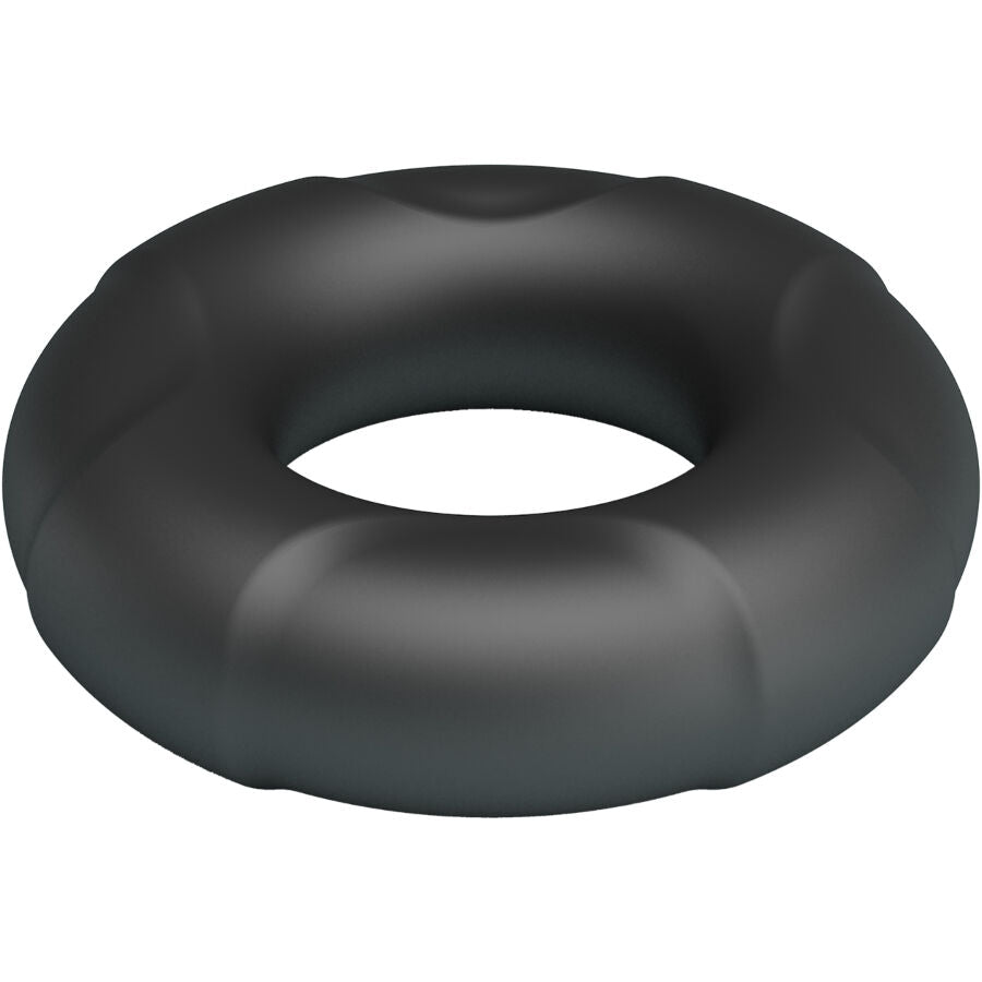 Anneau penien Arvell Crazy Bull en silicone souple gris fume presente en angle, bague ronde ergonomique ajustable a la morphologie de l'utilisateur.