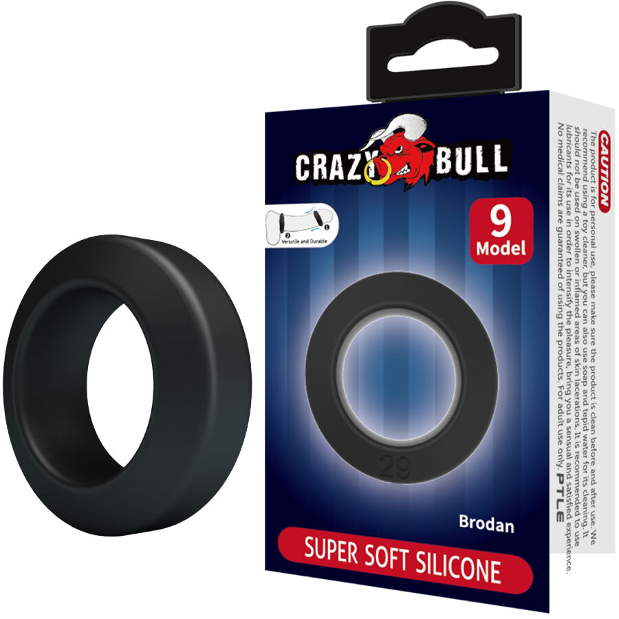 Anneau penien Crazy Bull Brodan en silicone pres de sa boite Super Soft Silicone 9 Model, bague gris fume conique et lisse au design epure sobre.