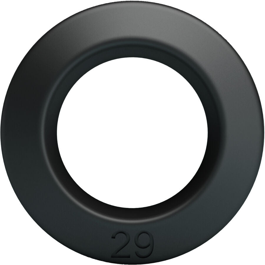 Vue de face de l'anneau Brodan Crazy Bull en silicone gris fume, bague ronde lisse et conique gravee du chiffre 29, surface douce et minimaliste.