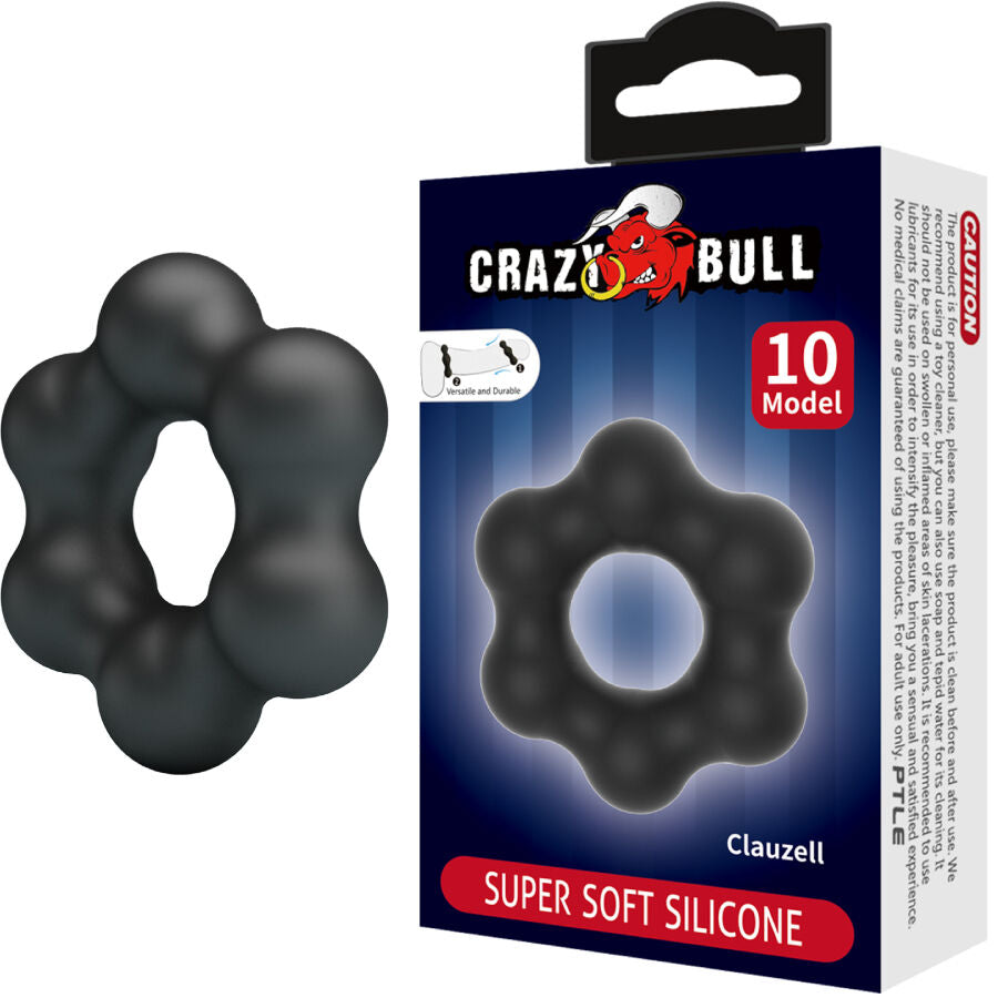 Anneau penien Crazy Bull Clauzell en silicone pres de sa boite Super Soft Silicone 10 Model, bague gris fume aux six bulles stimulantes en couronne.