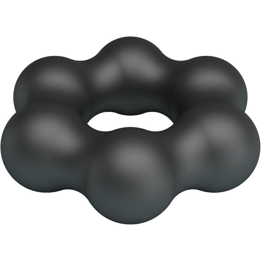 Anneau Clauzell Crazy Bull en silicone souple gris fume presente en angle, six bulles stimulantes en couronne autour d'une ouverture centrale ergonomique.