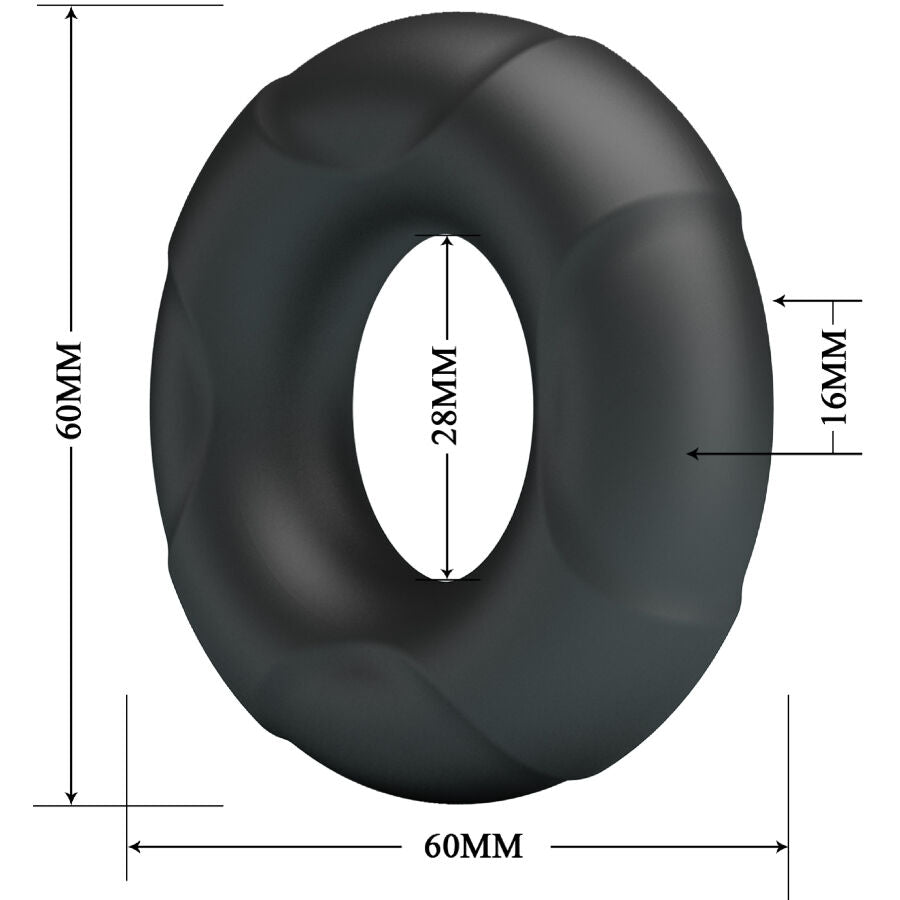 Schema cote de l'anneau Arvell Crazy Bull, diametre exterieur 60 mm, interieur 28 mm, epaisseur 16 mm, bague ronde en silicone gris fume souple.