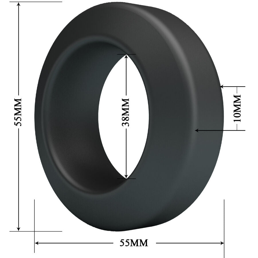 Schema cote de l'anneau Brodan Crazy Bull, diametre 55 mm, ouverture 38 mm, epaisseur 10 mm, bague conique lisse en silicone gris fume souple.
