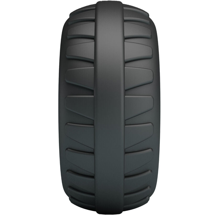 Anneau penien pneu Dilson Crazy Bull vu de profil, large bande de roulement lisse en silicone gris fume souple au design inspire d'un pneu de voiture.