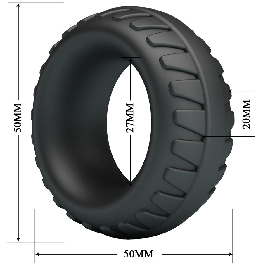 Schema cote de l'anneau pneu Dilson Crazy Bull, diametre 50 mm, ouverture 27 mm, epaisseur 20 mm, anneau en silicone gris fume au motif pneu sculpte.