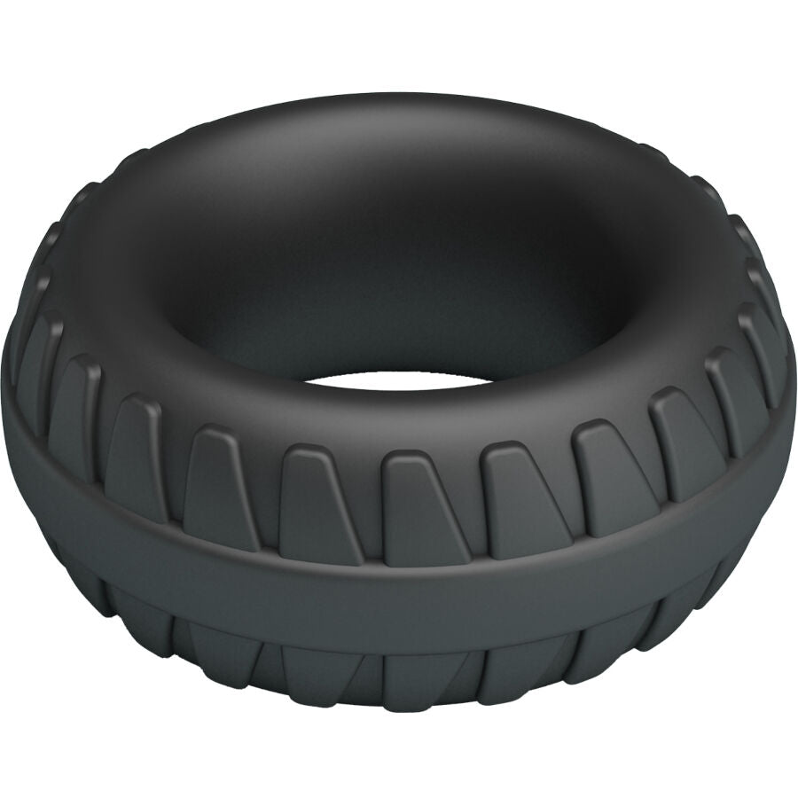 Anneau pneu Dilson Crazy Bull en silicone souple gris fume presente en angle, sculptures laterales et bande lisse imitant un pneu pour maintenir l'erection.