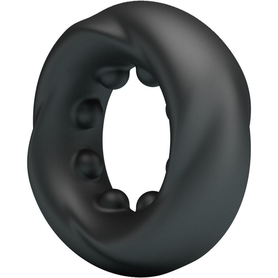 Anneau Daquez Crazy Bull en silicone souple gris fume vu en trois quarts, surface torsadee et rainures internes stimulantes pour intensifier le plaisir.