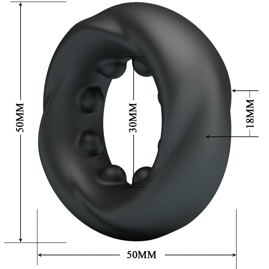 Schema cote de l'anneau Daquez Crazy Bull, largeur 50 mm, ouverture 30 mm, epaisseur 18 mm, bague torsadee a rainures internes en silicone gris fume.