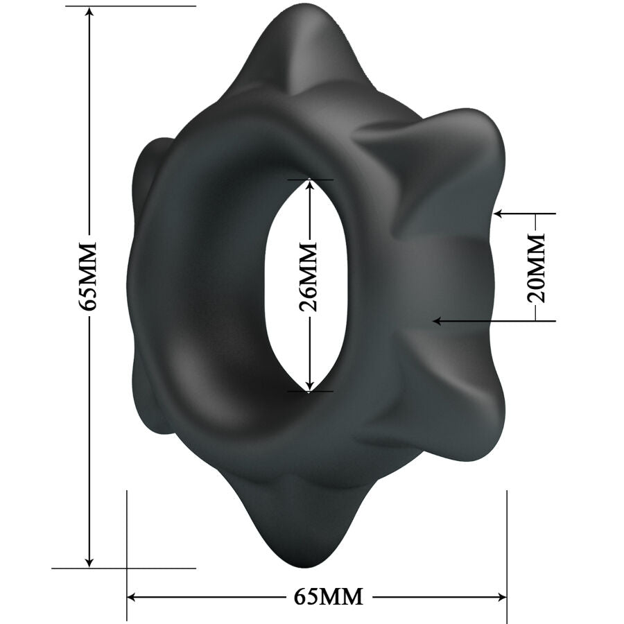 Schema cote de l'anneau Ethaniel Crazy Bull, largeur 65 mm, ouverture 26 mm, epaisseur 20 mm, bague etoilee a six pointes en silicone gris fume.
