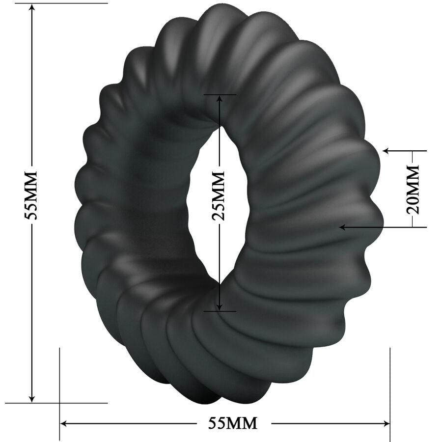 Schema cote de l'anneau Fitz Crazy Bull, diametre 55 mm, ouverture 25 mm, epaisseur 20 mm, bague a cannelures torsadees en silicone gris fume souple.