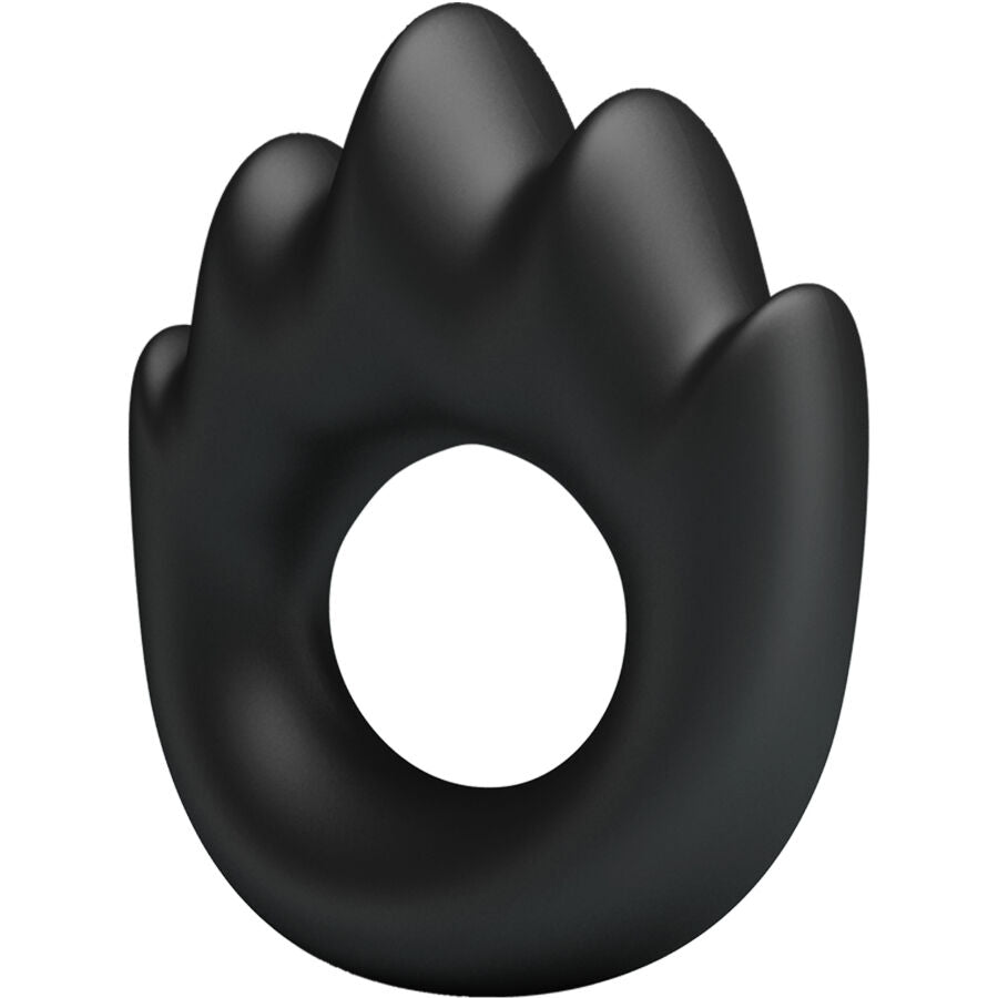 Anneau Habert Crazy Bull en silicone souple noir vu en trois quarts, couronne de pointes flammees au-dessus de l'ouverture pour un maintien original.