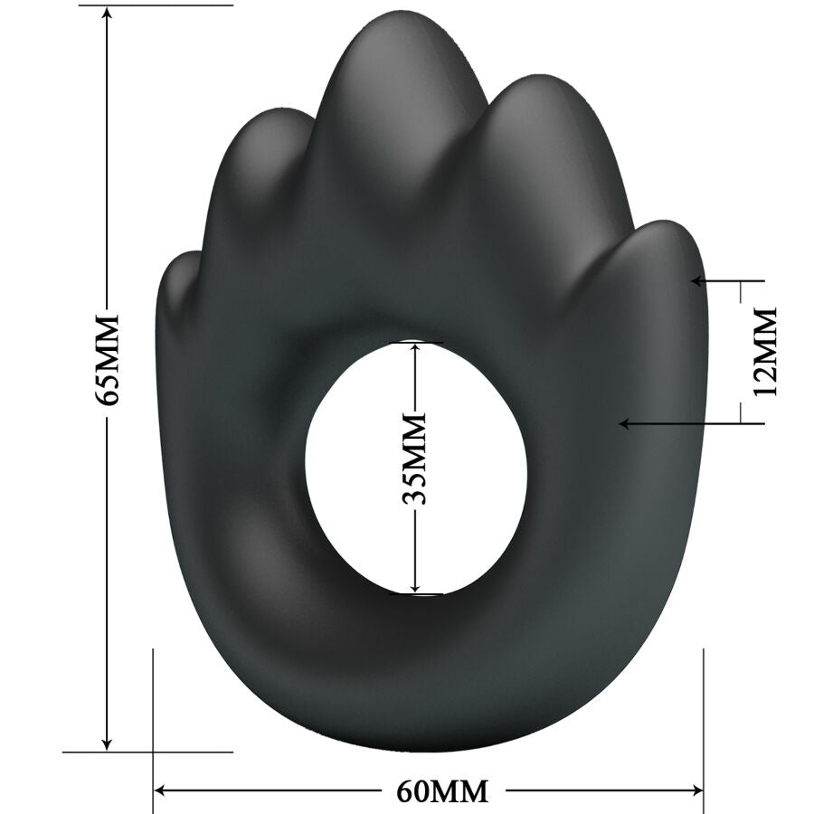 Schema cote de l'anneau Habert Crazy Bull, largeur 60 mm, ouverture 35 mm, epaisseur 12 mm, bague a pointes flammees en silicone noir souple.