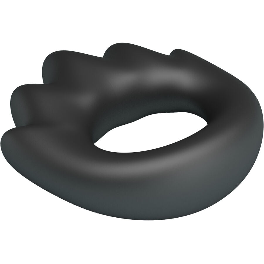 Anneau Habert Crazy Bull en silicone souple noir presente en angle, couronne de pointes flammees autour de l'ouverture pour soutenir la fermeté.