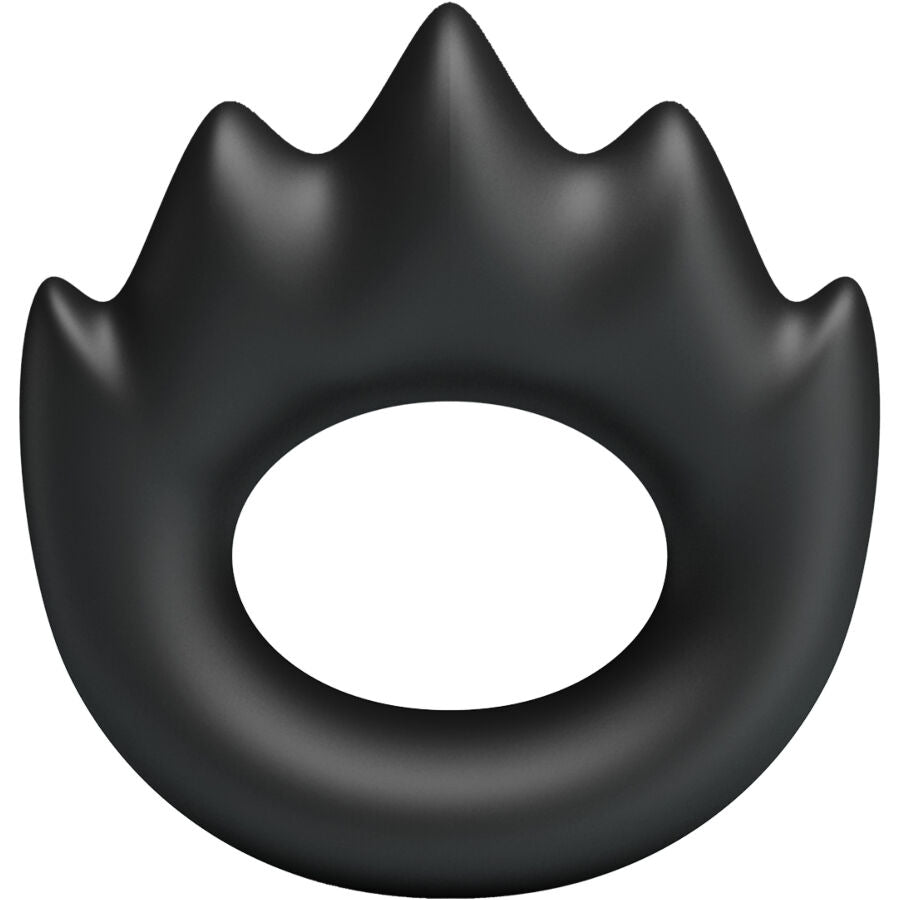 Vue de face de l'anneau Habert Crazy Bull en silicone noir, anneau souple surmonte de cinq pointes en couronne evoquant une flamme stylisee.