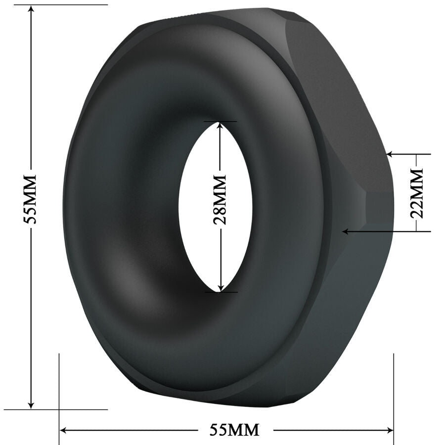 Schema cote de l'anneau Jarvius Crazy Bull, diametre 55 mm, ouverture 28 mm, epaisseur 22 mm, bague en forme d'ecrou hexagonal en silicone noir souple.