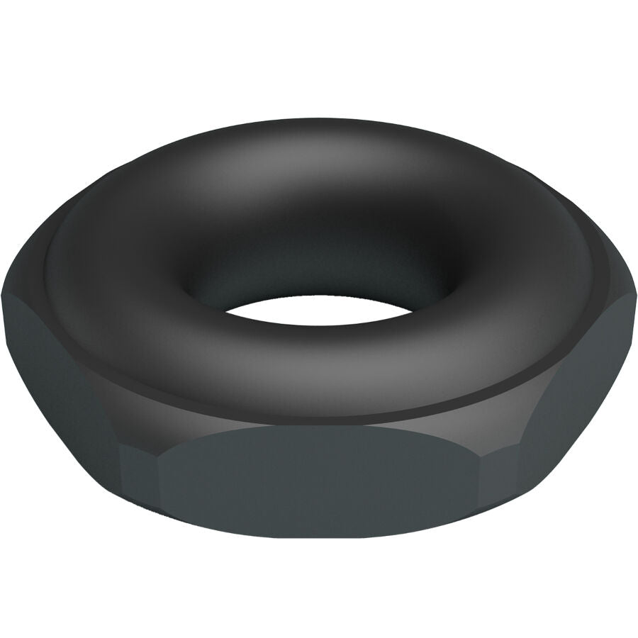 Anneau Jarvius Crazy Bull en silicone souple noir presente en angle, forme d'ecrou hexagonal au look mecanique pour soutenir la fermeté.