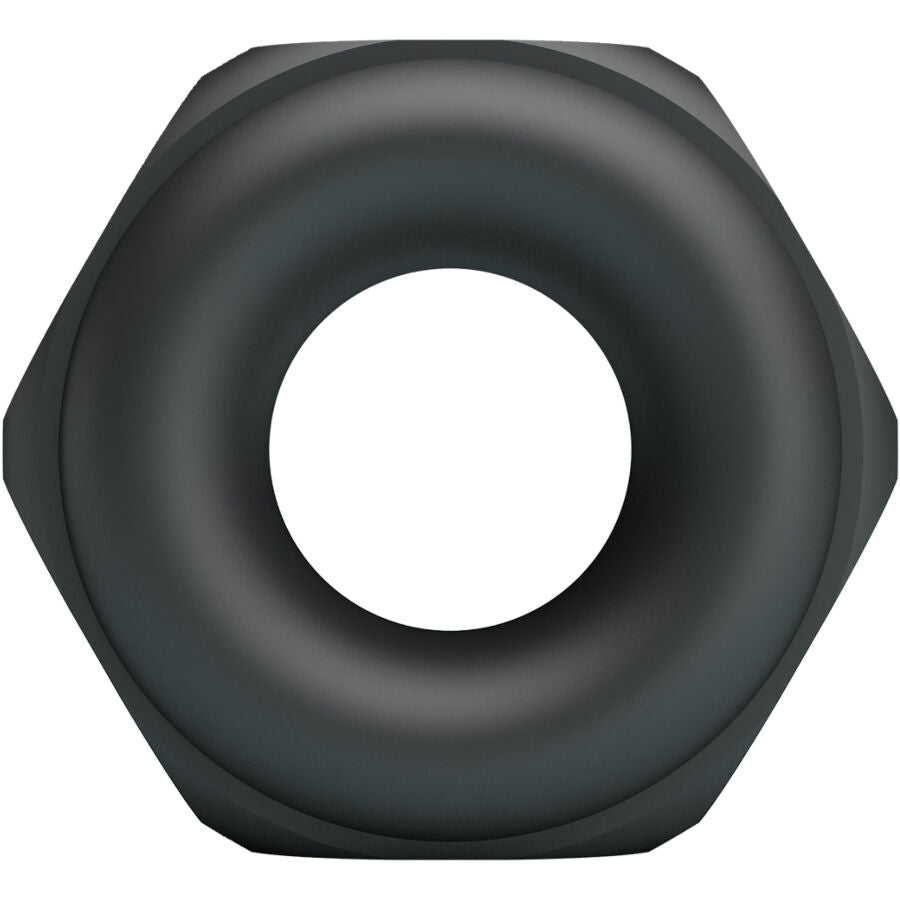 Vue de face de l'anneau Jarvius Crazy Bull en silicone noir, bague epaisse en forme d'ecrou hexagonal souple au design industriel original.