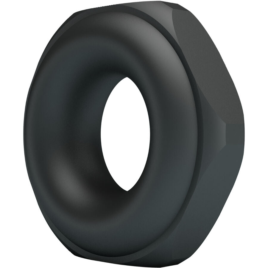 Anneau Jarvius Crazy Bull en silicone souple noir vu en trois quarts, forme d'ecrou hexagonal aux faces planes concue pour un maintien confortable.