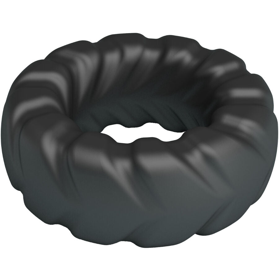 Anneau Jeriko Crazy Bull en silicone souple noir presente en angle, nervures torsadees en spirale concues pour maintenir la fermeté plus longtemps.