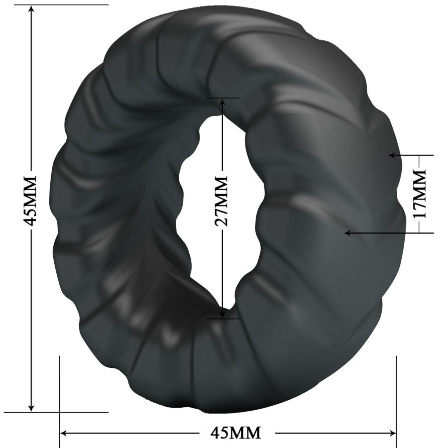 Schema cote de l'anneau Jeriko Crazy Bull, diametre 45 mm, ouverture 27 mm, epaisseur 17 mm, bague aux nervures torsadees en silicone noir souple.