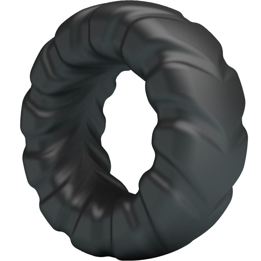 Anneau Jeriko Crazy Bull en silicone souple noir vu en trois quarts, nervures torsadees en spirale tout autour pour une prise ferme et stimulante.