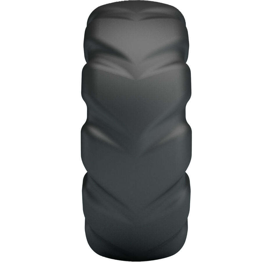 Anneau penien Jeriko Crazy Bull vu de profil, nervures de silicone noir souple enroulees en torsade, surface texturee au toucher doux pour le couple.